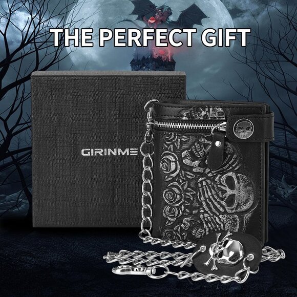 Skull Leather Wallet Gothic Chain Design with Studded Edge - Picture 2 of 7